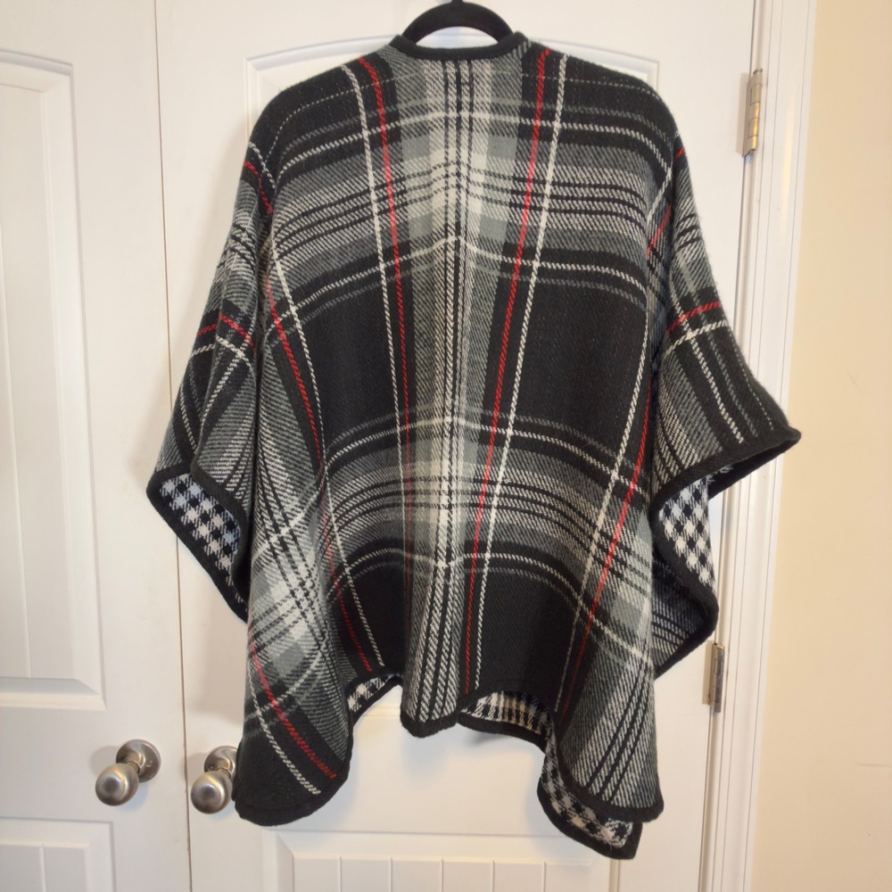 Reversible Plaid Houndstooth Open Front Poncho Wrap Shawl Cape Chic Fall Classy - Picture 4 of 9
